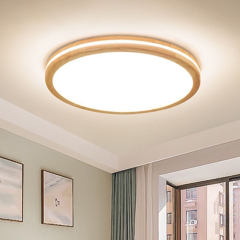 Dimmable Round Wooden with Lens Modern Contemporary Nordic Style Flush Mount Wood Ceiling Light with Acrylic Shade and Remote Control Also Can Be Used As Wall Light