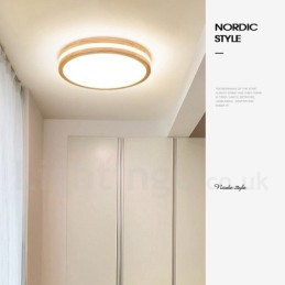 Dimmable Round Wooden with Lens Modern Contemporary Nordic Style Flush Mount Wood Ceiling Light with Acrylic Shade and Remote Control Also Can Be Used As Wall Light