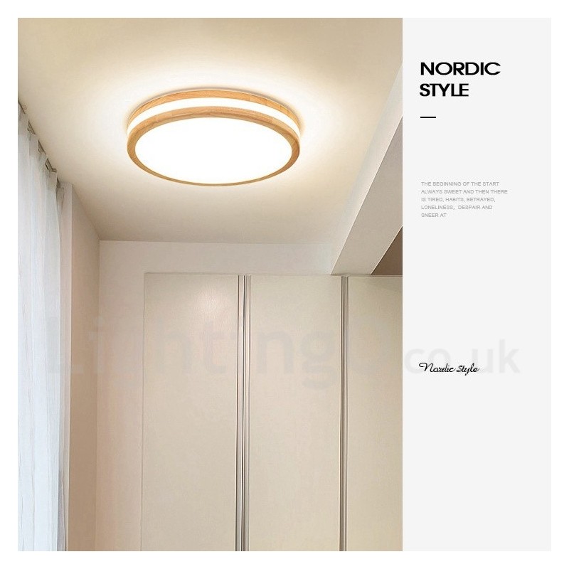 Dimmable Round Wooden with Lens Modern Contemporary Nordic Style Flush Mount Wood Ceiling Light with Acrylic Shade and Remote Control Also Can Be Used As Wall Light