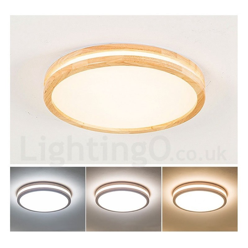 Dimmable Round Wooden with Lens Modern Contemporary Nordic Style Flush Mount Wood Ceiling Light with Acrylic Shade and Remote Control Also Can Be Used As Wall Light