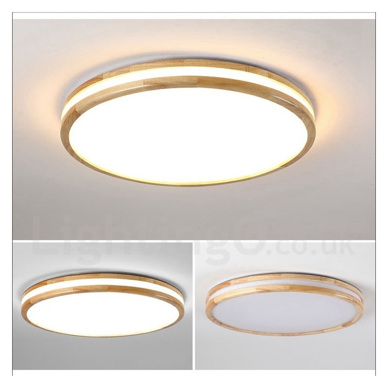 Dimmable Round Wooden with Lens Modern Contemporary Nordic Style Flush Mount Wood Ceiling Light with Acrylic Shade and Remote Control Also Can Be Used As Wall Light