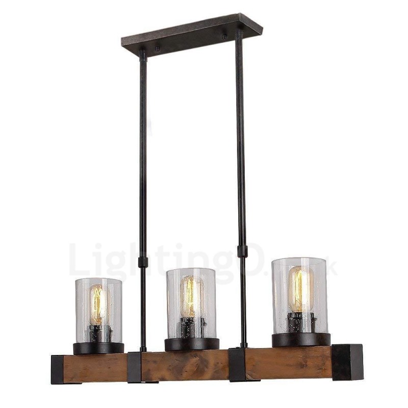 3 Light Vintage Wooden Chandelier Industrial Wind Loft Wood Linear Pendant Lighting