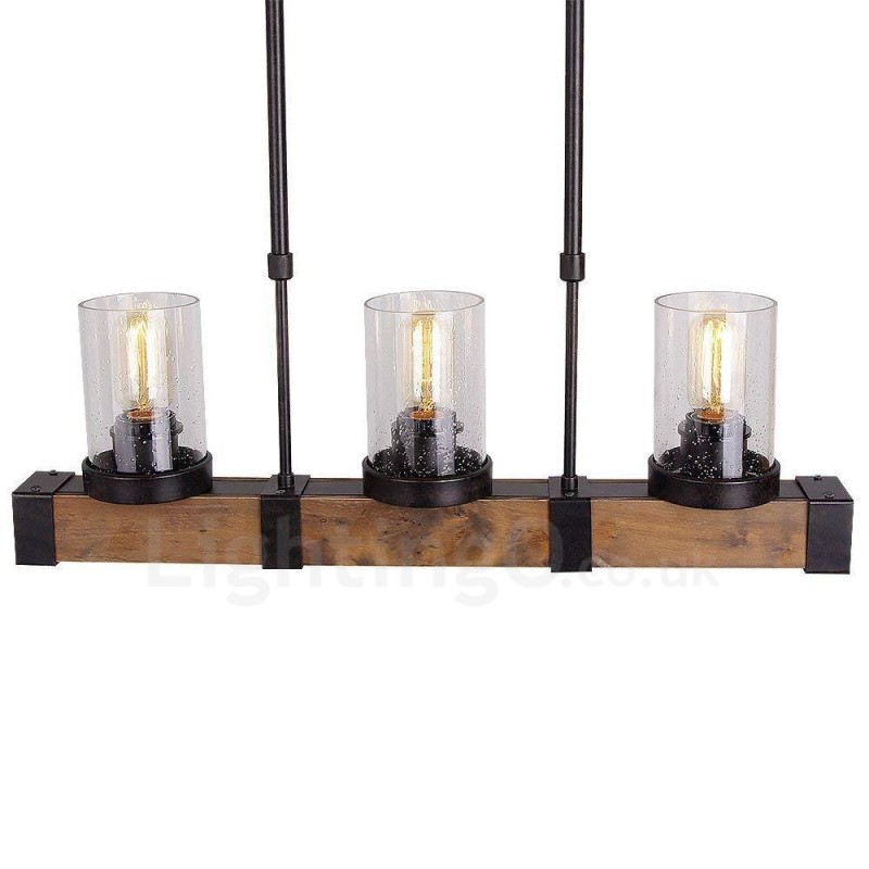 3 Light Vintage Wooden Chandelier Industrial Wind Loft Wood Linear Pendant Lighting