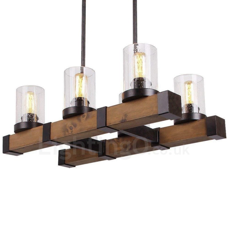 6 Light Vintage Wooden Chandelier Industrial Wind Loft Wood Linear Pendant Lighting