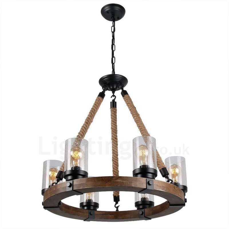 6 Light Ring Vintage Wooden Chandelier Industrial Wind Loft Wood Linear Pendant Lighting