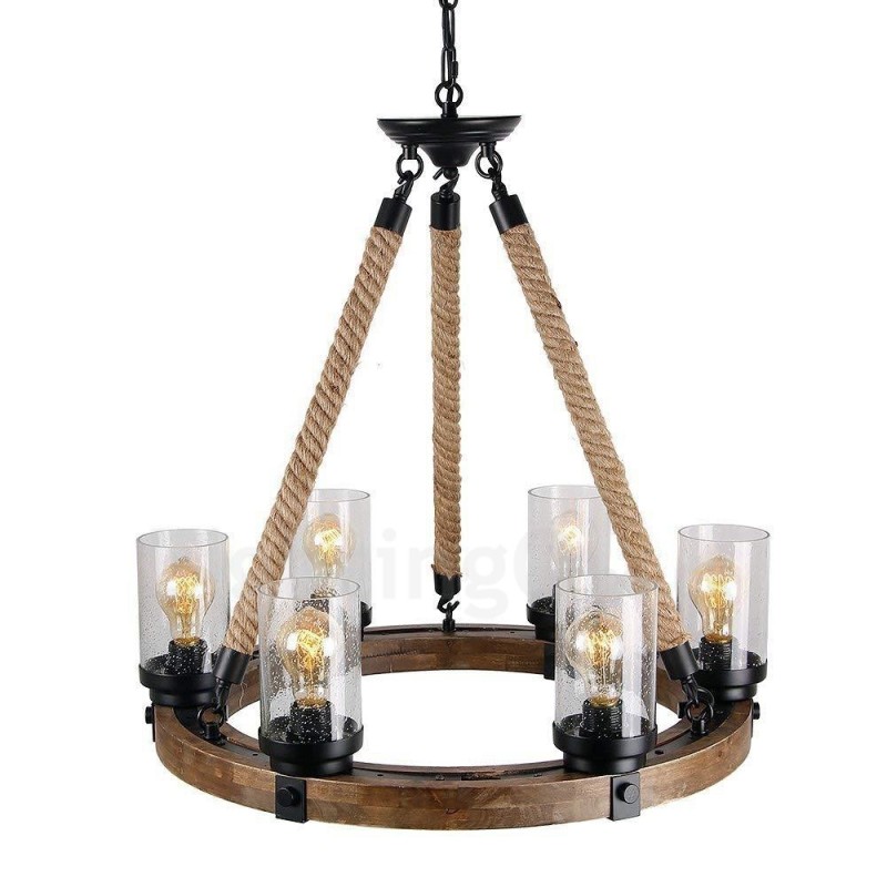 6 Light Ring Vintage Wooden Chandelier Industrial Wind Loft Wood Linear Pendant Lighting