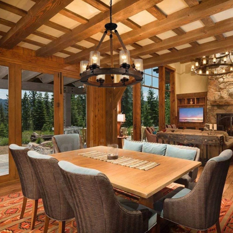 6 Light Ring Vintage Wooden Chandelier Industrial Wind Loft Wood Linear Pendant Lighting