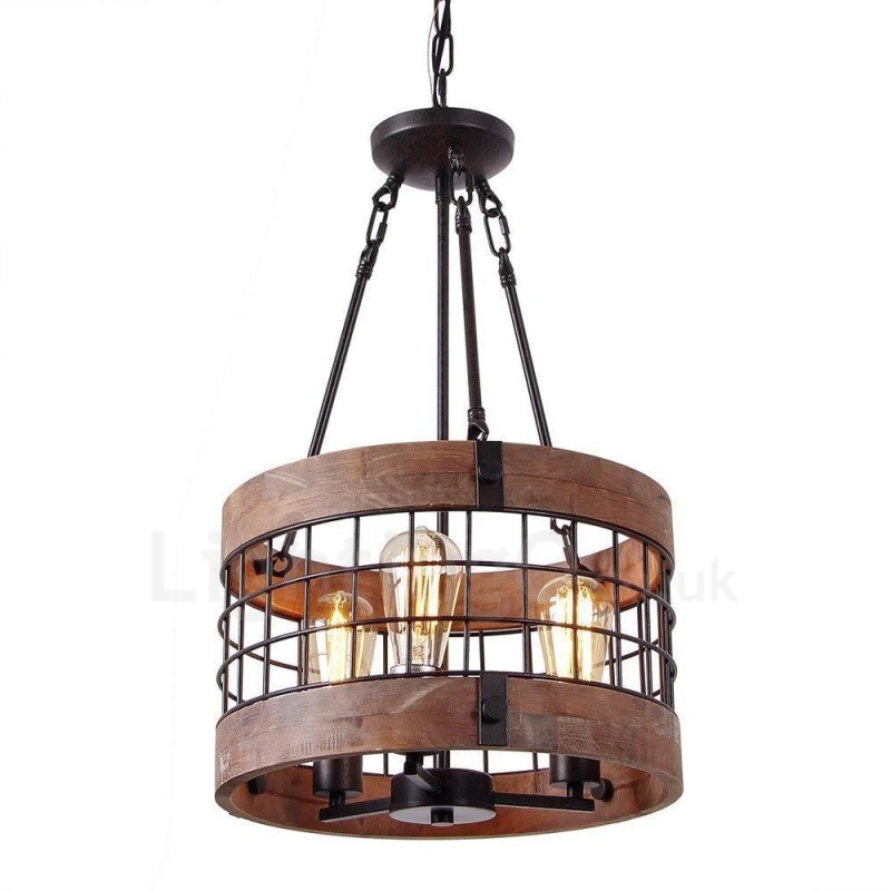 3 Light Drum Vintage Wooden Chandelier Industrial Wind Loft Wood Linear Pendant Lighting