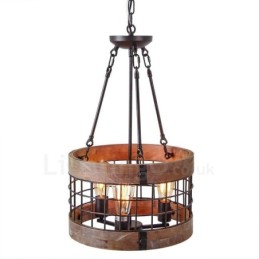 3 Light Drum Vintage Wooden Chandelier Industrial Wind Loft Wood Linear Pendant Lighting