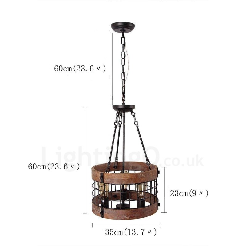 3 Light Drum Vintage Wooden Chandelier Industrial Wind Loft Wood Linear Pendant Lighting