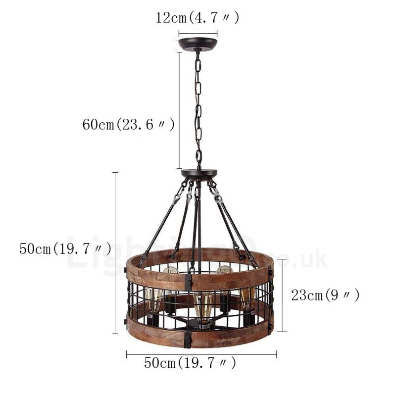 5 Light Drum Vintage Wooden Chandelier Industrial Wind Loft Wood Linear Pendant Lighting