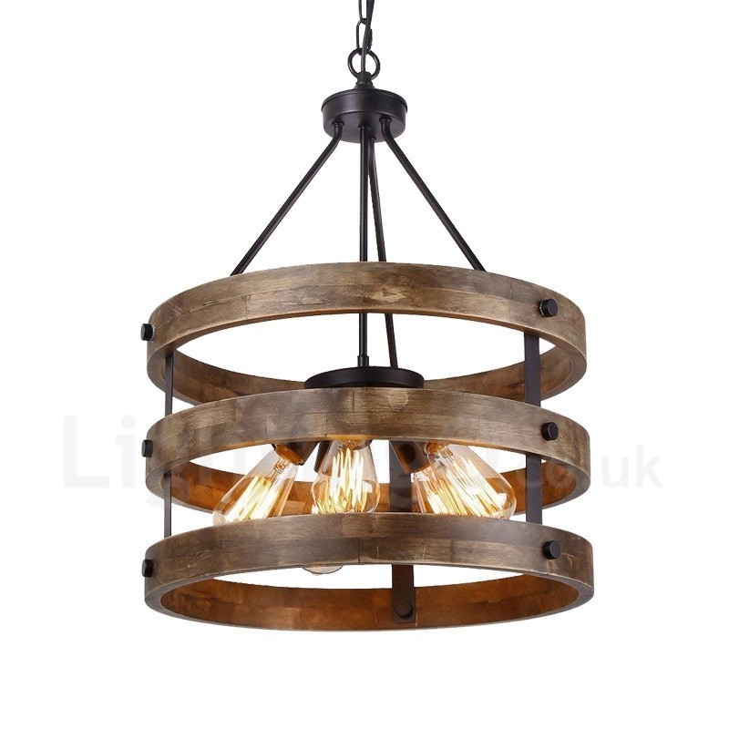 5 Light Drum Vintage Wooden Chandelier Industrial Wind Loft Wood Linear Pendant Lighting