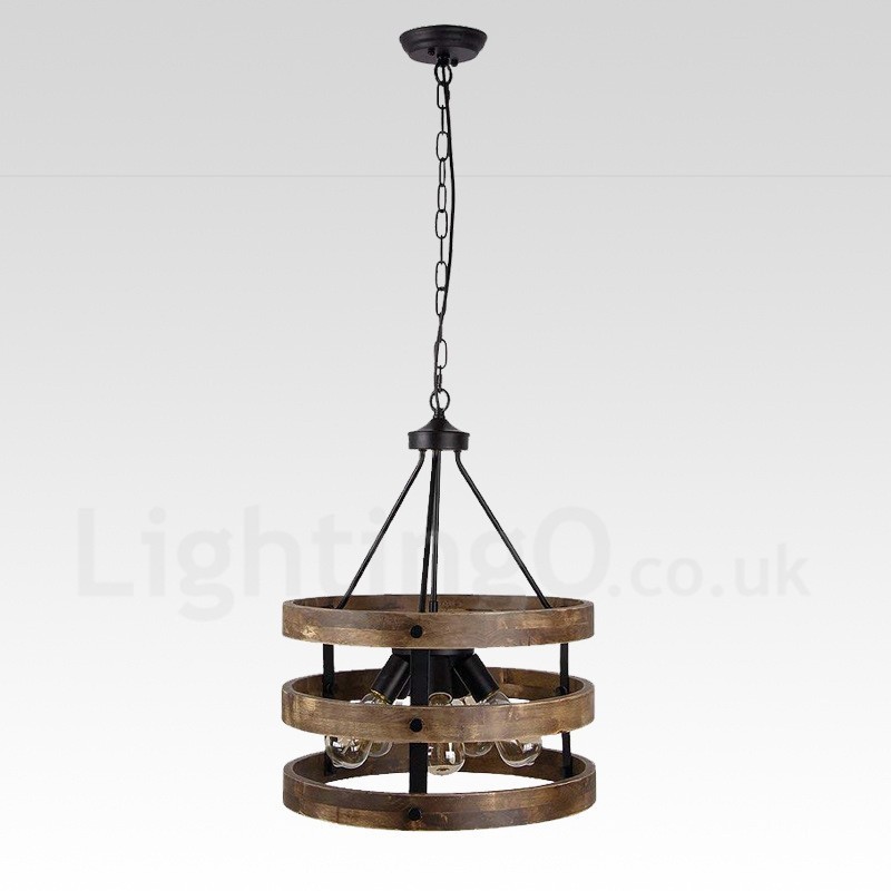 5 Light Drum Vintage Wooden Chandelier Industrial Wind Loft Wood Linear Pendant Lighting