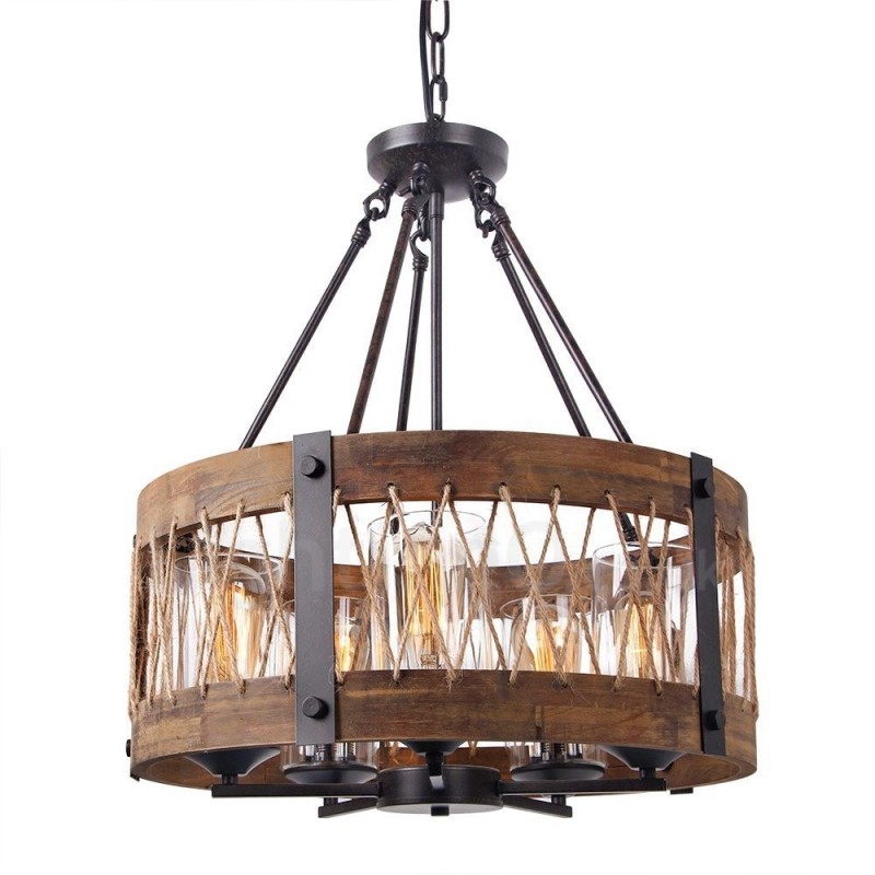 5 Light Drum Vintage Wooden Chandelier Industrial Wind Loft Wood Linear Pendant Lighting