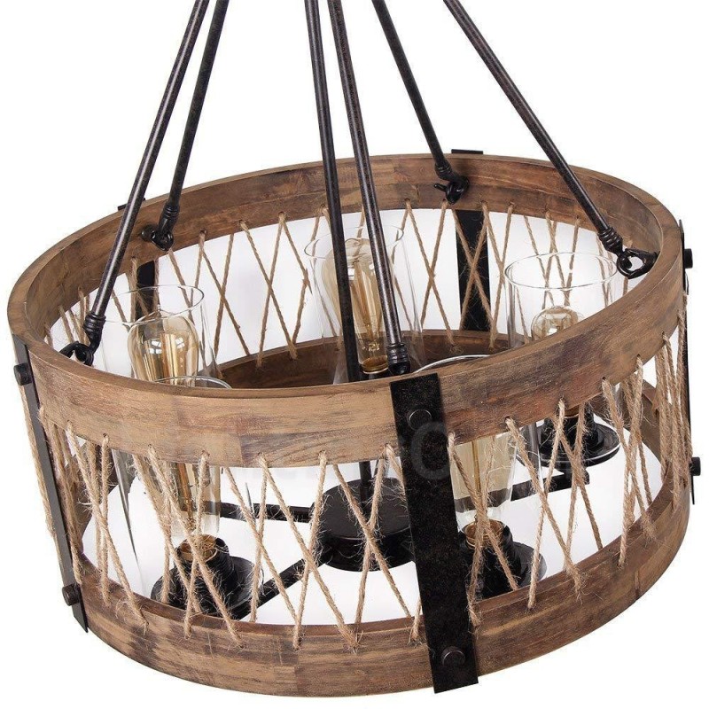 5 Light Drum Vintage Wooden Chandelier Industrial Wind Loft Wood Linear Pendant Lighting