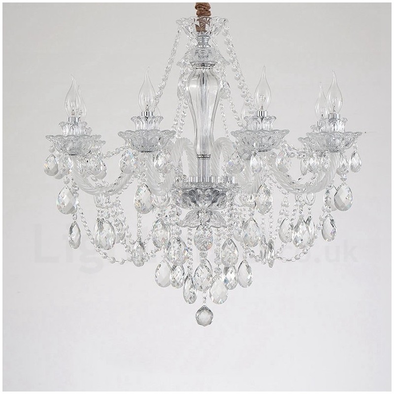 8 Light Clear Crystal Candle White Arm Chandelier
