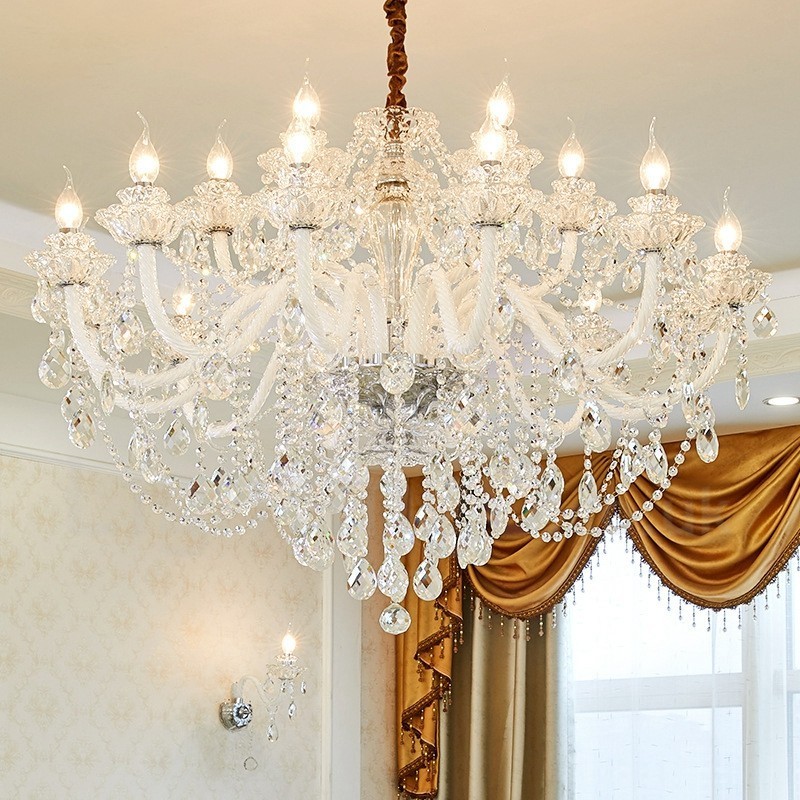 18 (12+6) Light Clear Crystal Candle Chandelier with White Arms