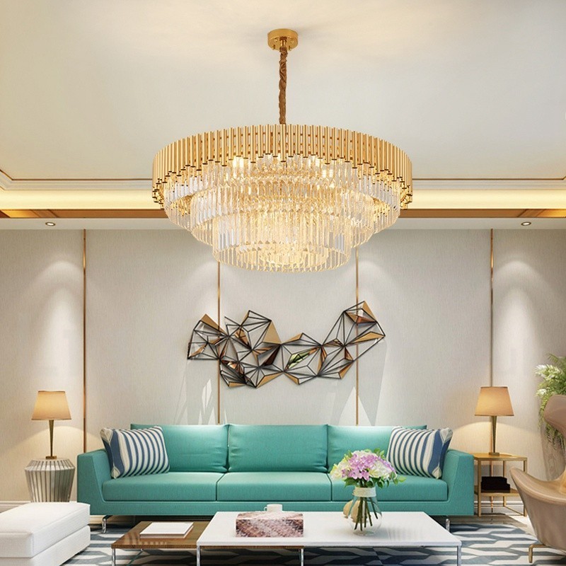 Postmodern Gold Luxury Round K9 Crystal Pendant Chandelier Lights Exhibition Hall