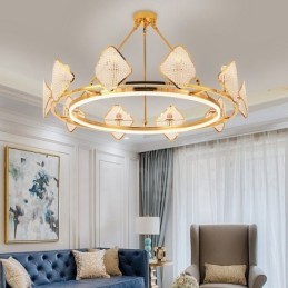 Gold Postmodern Luxury Round K9 Crystal Pendant Chandelier Light with Acrylic Shade Exhibition Hall