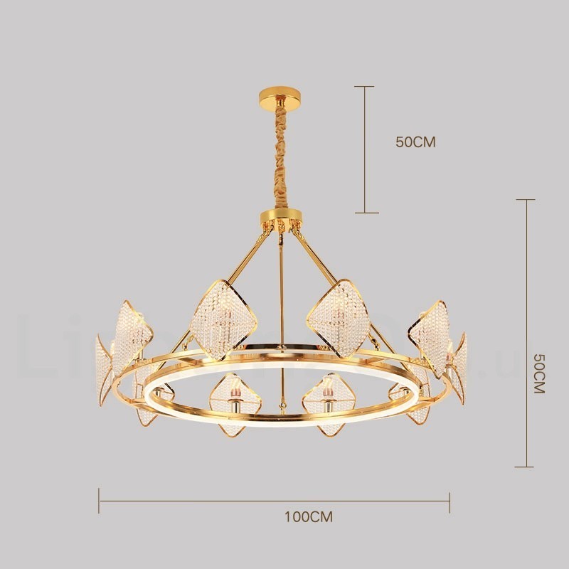 Gold Postmodern Luxury Round K9 Crystal Pendant Chandelier Light with Acrylic Shade Exhibition Hall