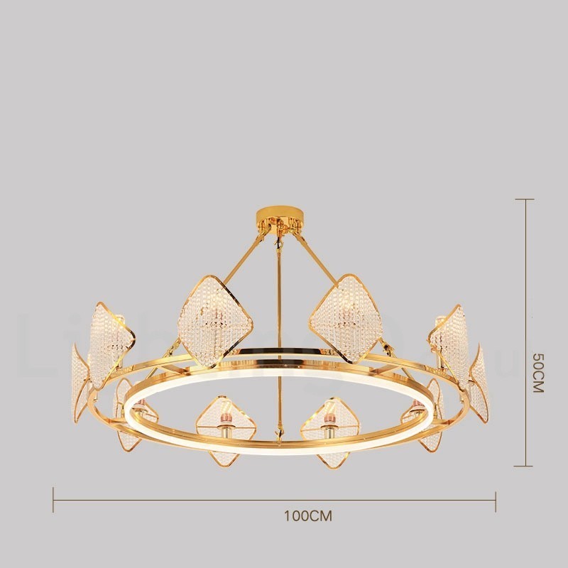 Gold Postmodern Luxury Round K9 Crystal Pendant Chandelier Light with Acrylic Shade Exhibition Hall