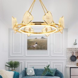 Gold Postmodern Luxury Round K9 Crystal Pendant Chandelier Light with Acrylic Shade Exhibition Hall