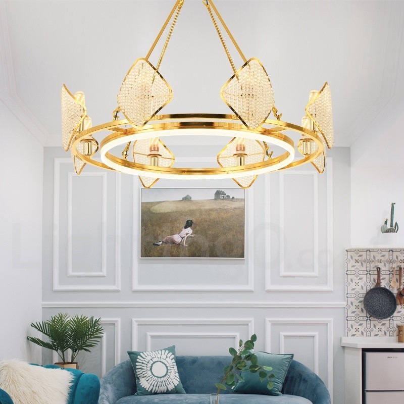 Gold Postmodern Luxury Round K9 Crystal Pendant Chandelier Light with Acrylic Shade Exhibition Hall