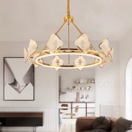 Gold Postmodern Luxury Round K9 Crystal Pendant Chandelier Light with Acrylic Shade Exhibition Hall
