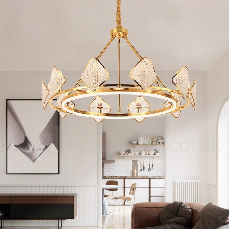 Gold Postmodern Luxury Round K9 Crystal Pendant Chandelier Light with Acrylic Shade Exhibition Hall