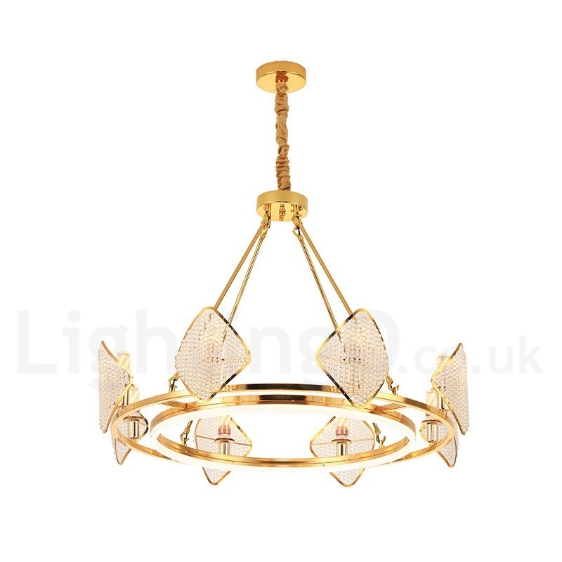 Gold Postmodern Luxury Round K9 Crystal Pendant Chandelier Light with Acrylic Shade Exhibition Hall