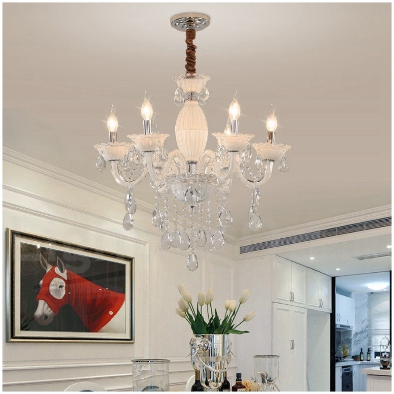 6 Light White Candle Chandelier with Crystal