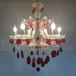 6 Light Gold Candle Chandelier with Red Crystal