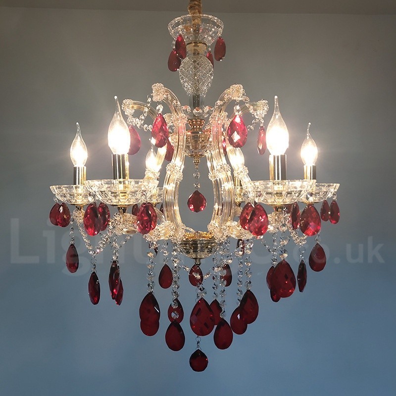 6 Light Gold Candle Chandelier with Red Crystal