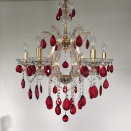 6 Light Gold Candle Chandelier with Red Crystal