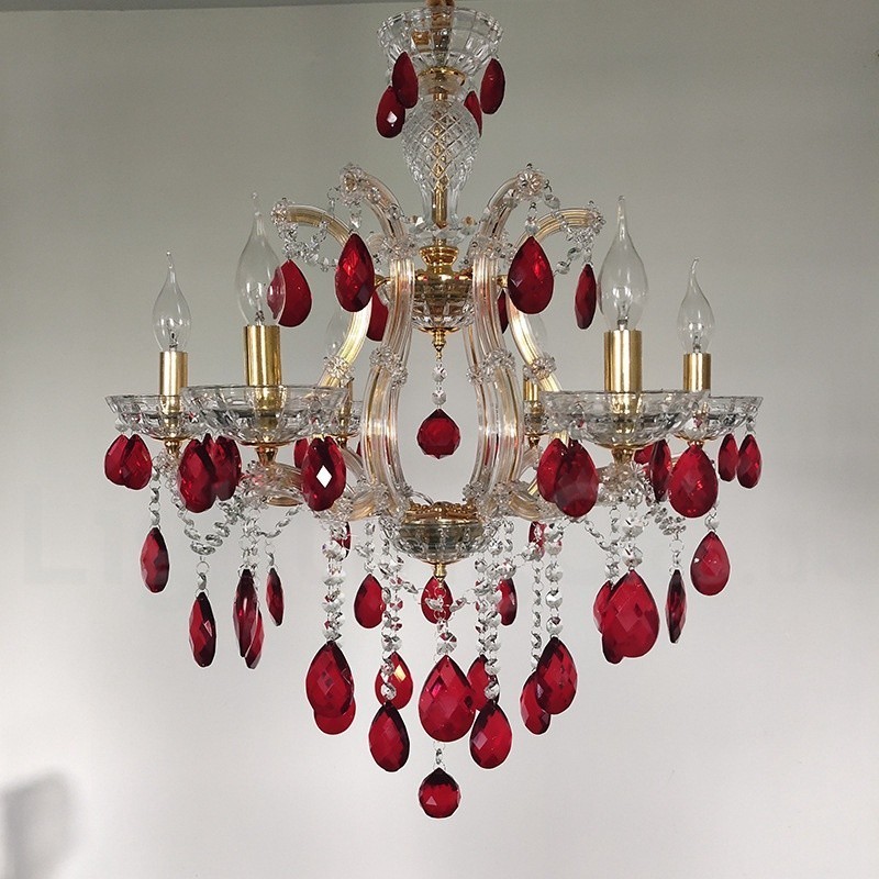 6 Light Gold Candle Chandelier with Red Crystal