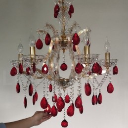 6 Light Gold Candle Chandelier with Red Crystal