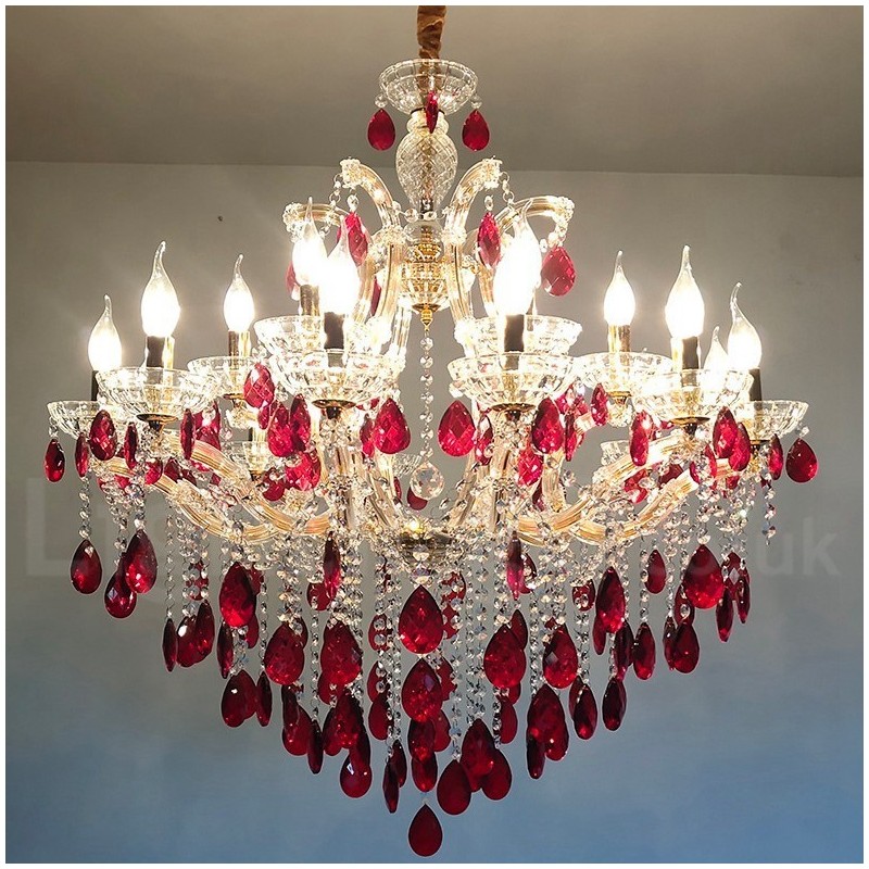 18 (12+6) Light Luxurious Red Crystal Candle Gold Chandelier