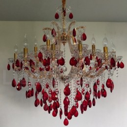 18 (12+6) Light Luxurious Red Crystal Candle Gold Chandelier