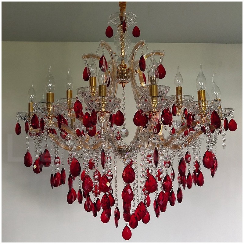 18 (12+6) Light Luxurious Red Crystal Candle Gold Chandelier