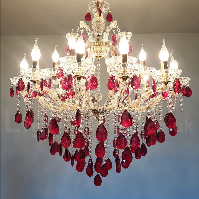18 (12+6) Light Luxurious Red Crystal Candle Gold Chandelier