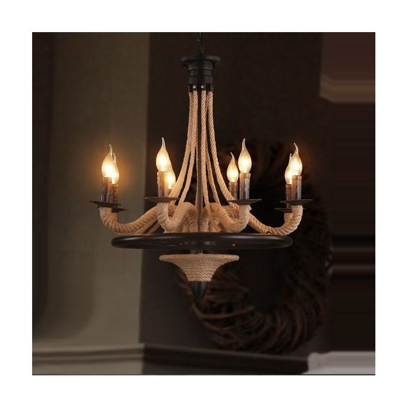 8 Light Candle Industrial Style Hemp Rope Pendant Chandelier Light