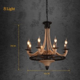 8 Light Candle Industrial Style Hemp Rope Pendant Chandelier Light
