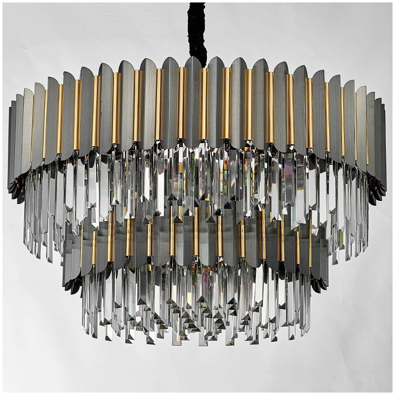 Two Tiers Luxury Postmodern Black and Gold Round K9 Crystal Pendant Chandelier