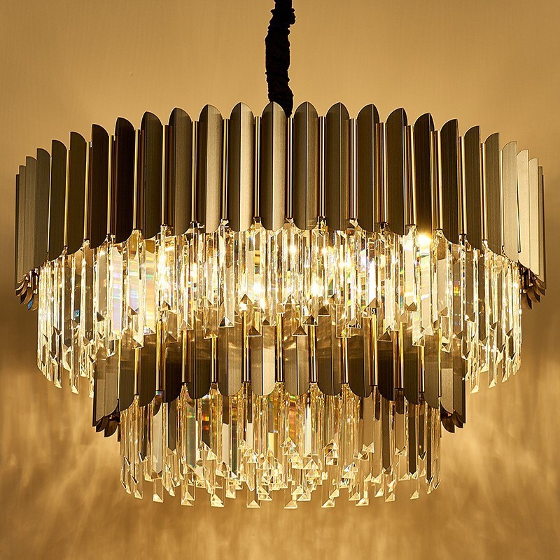 Two Tiers Luxury Postmodern Black and Gold Round K9 Crystal Pendant Chandelier