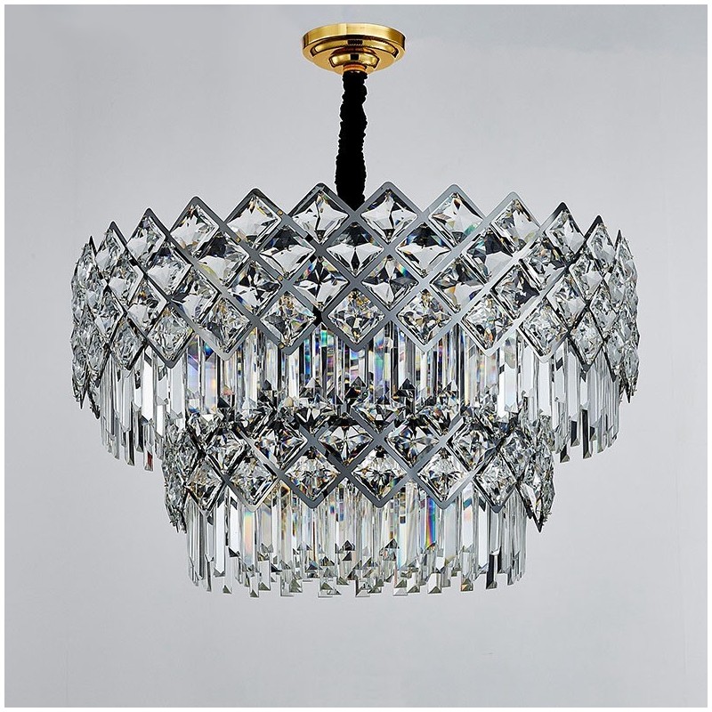 Two Tiers Luxury Postmodern Black and Gold Round K9 Crystal Pendant Chandelier