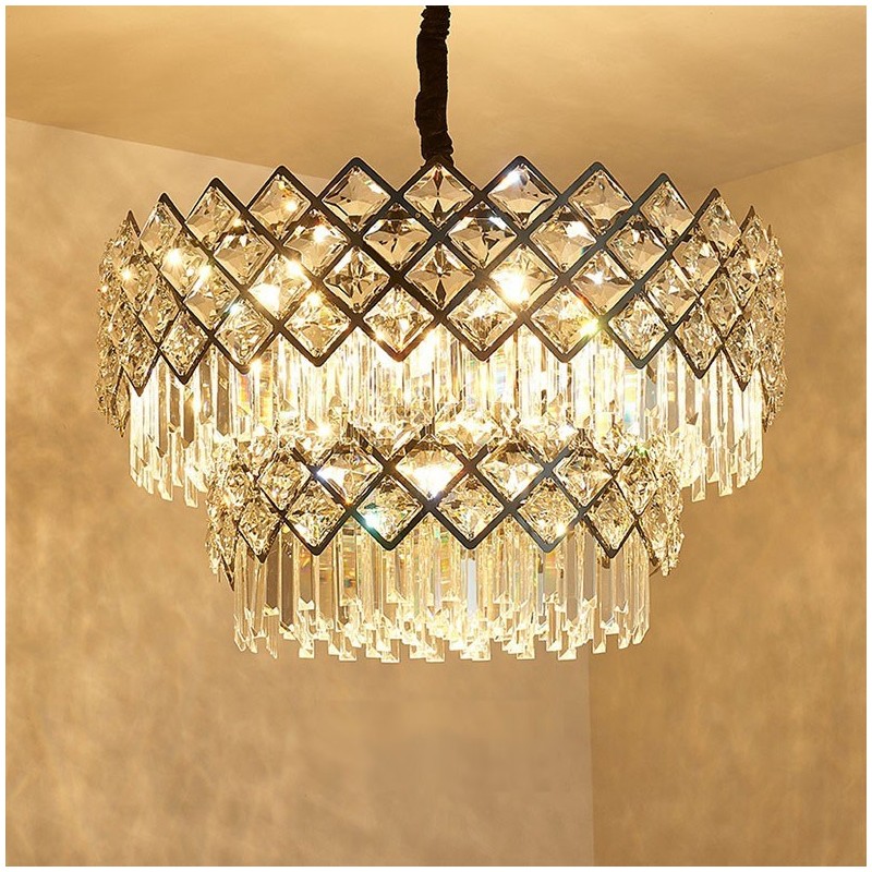Two Tiers Luxury Postmodern Black and Gold Round K9 Crystal Pendant Chandelier