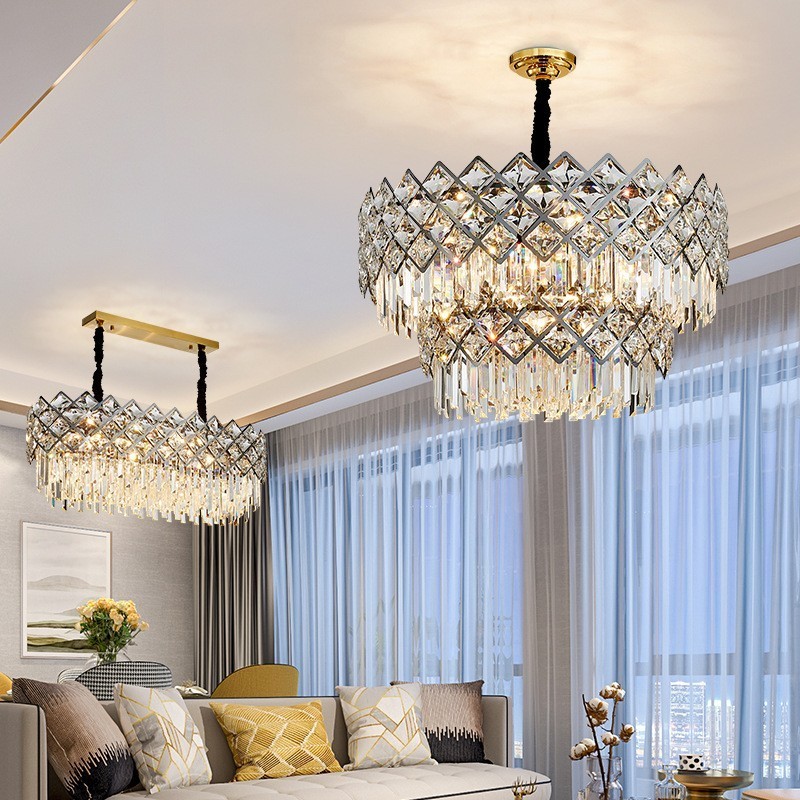 Two Tiers Luxury Postmodern Black and Gold Round K9 Crystal Pendant Chandelier