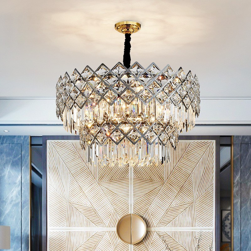 Two Tiers Luxury Postmodern Black and Gold Round K9 Crystal Pendant Chandelier