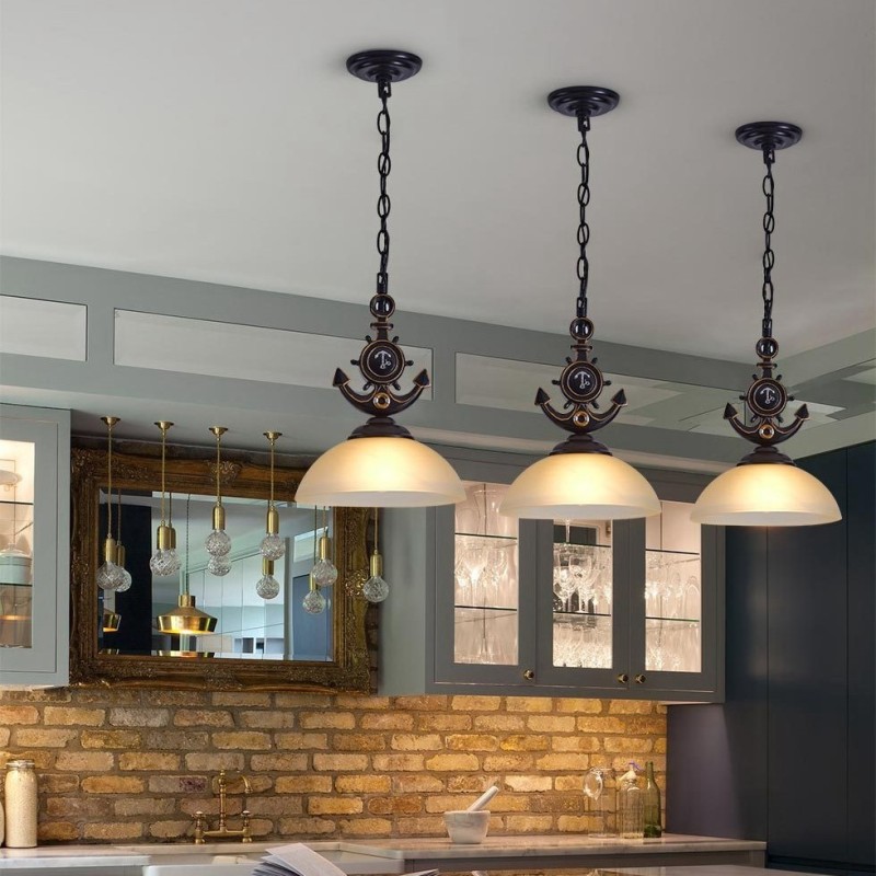 One Light Black Rustic Artistic Retro Antique Pendant Light with Glass Shade