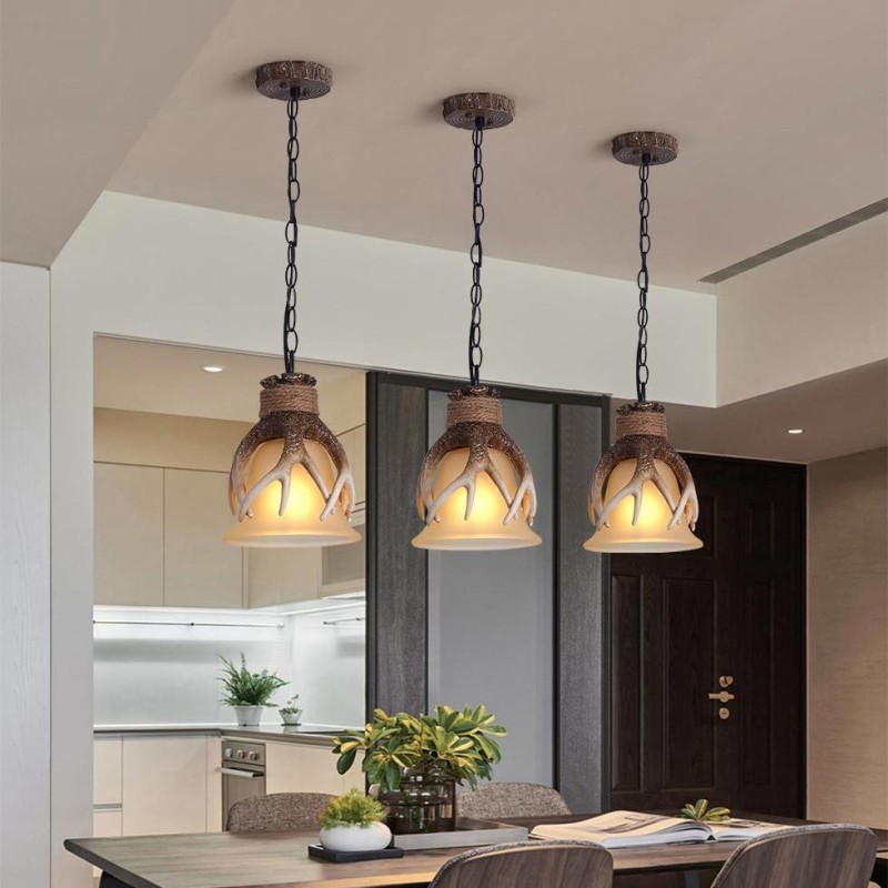 One Light Rustic Artistic Retro Antler Antique Pendant Light with Glass Shade